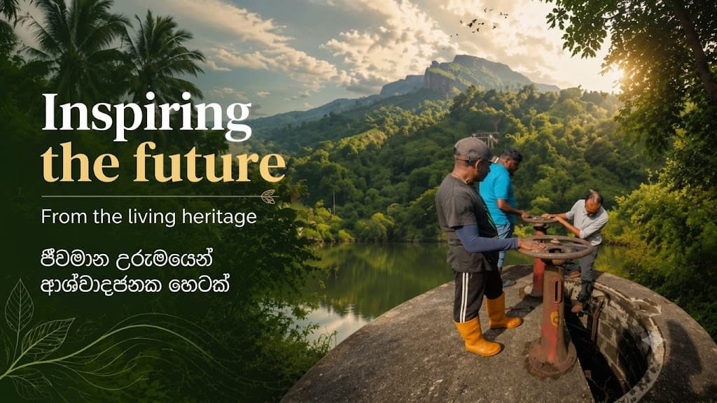 ජීවමාන උරුමයෙන් ආශ්වාදජනක හෙටක් — a Sri Lankan village with a stupa, terraced paddy fields and a mountain landscape