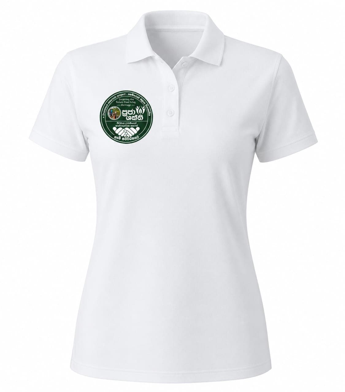 White polo t-shirt with Praja Shakthi eco badge